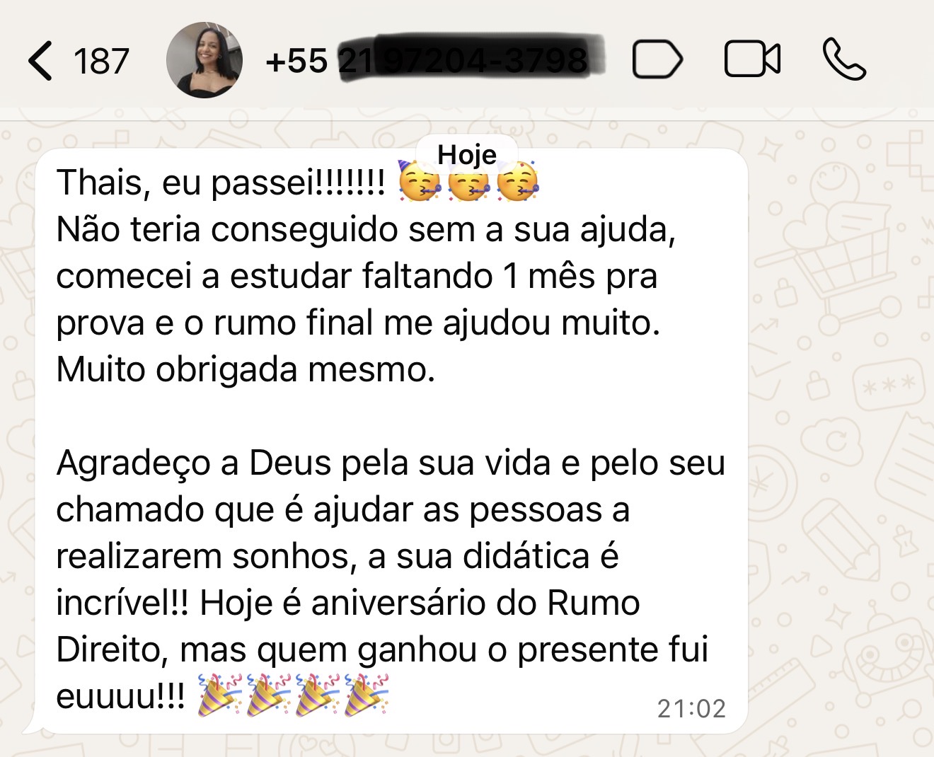 Depoimento de aluna aprovada no WhatsApp